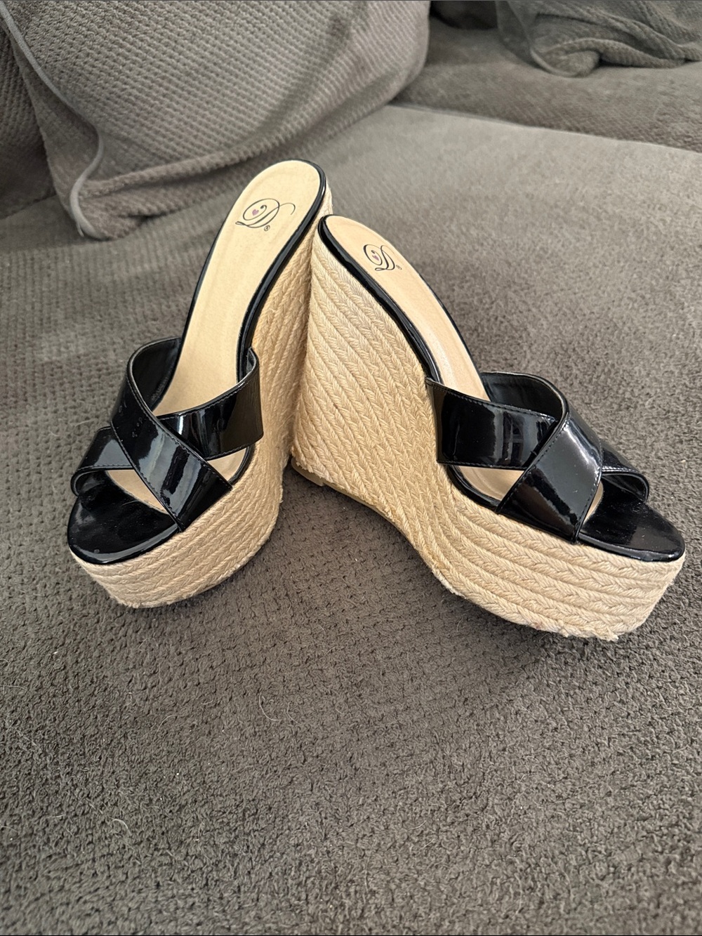 Black Patent Crisscross Espadrille Wedge Sandals
